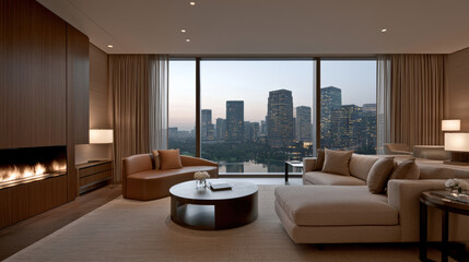 Fototapeta premium Modern living room with cityscape view, large windows, beige sofa, round coffee table, fireplace, evening ambiance, elegant interior design