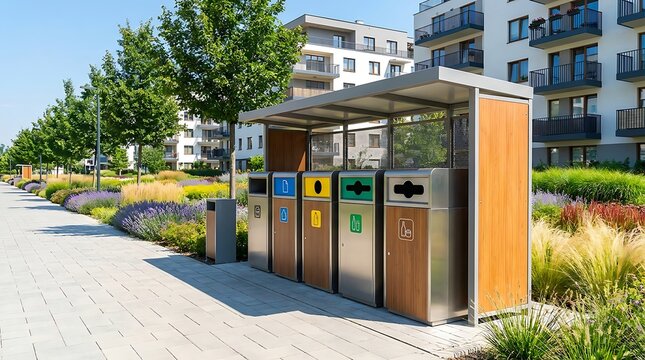 Modern recycling bins in an urban residential area, reflecting sustainable waste management practices and a community's commitment to environmental responsibility and a greener future