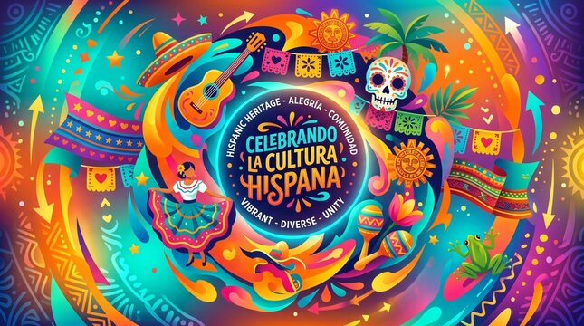Vibrant Hispanic Heritage Month banner celebrating Latin culture with folklorico dancer, guitar, sugar skull, maracas, and festive decorative artwork.