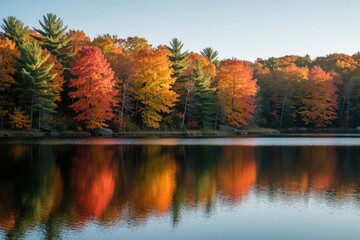 Obraz premium Lake scene in autumn, colorful trees reflect on water. Maple leaves turn red, orange, yellow. Green pines among foliage. Peaceful outdoor setting, crisp sunlight. Mirror-like surface captures vibrant