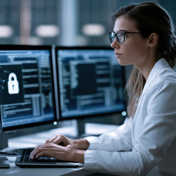 Confident female cybersecurity expert working at computer monitors in modern office, analyzing data and protecting information systems