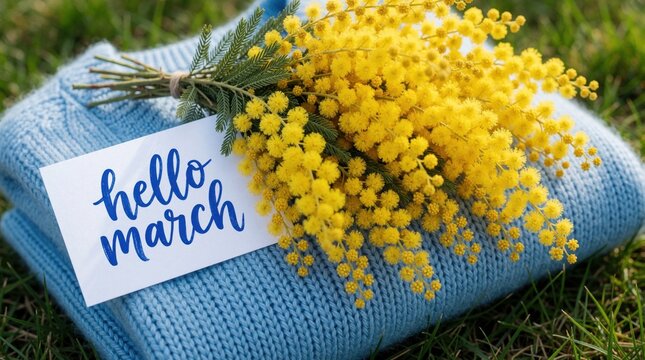 Yellow mimosa flowers and a hello March card rest on a folded blue sweater outdoors on green grass. Early spring bouquet symbolizes renewal and warmth, bringing a cozy, fresh feeling.