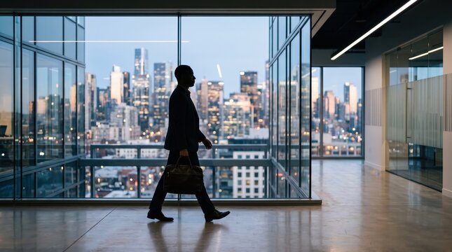 Silhouette of businessman walking through modern office corridor carrying briefcase with large windows showing illuminated city skyline at dusk representing career ambition.