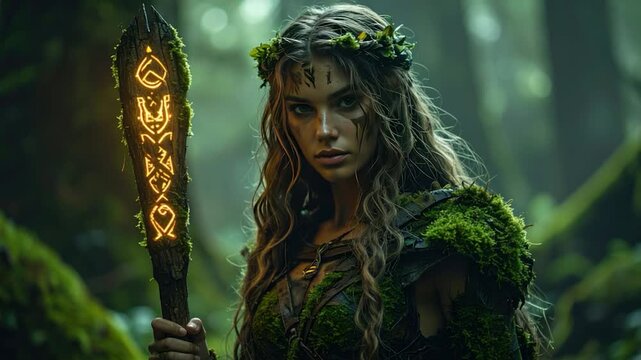 A woman in forest attire holds a glowing staff. The setting is a mystical wood