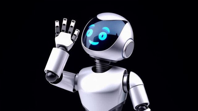 Friendly Humanoid Robot Waving on Black Background