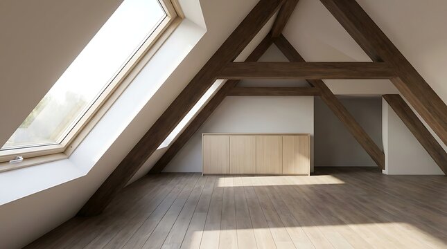 Spacious Attic Room with Vaulted Ceiling, Exposed Wooden Beams, and Large Skylight, Offering a Luminous and Peaceful Canvas for Modern Interior Design or Home Renovation