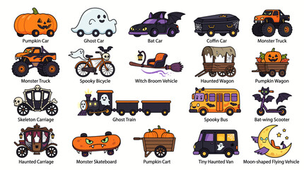 Halloween vehicle icons set, spooky cartoon car and monster truck collection, 20 cute autumn transport vector illustrations © Siam