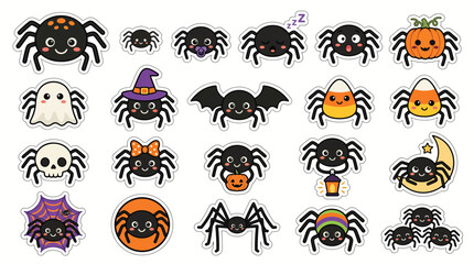 Cute kawaii Halloween spider character collection, funny arachnid sticker set, smiling bug with witch hat and pumpkin, vector isolated on White Background Halloween © Siam