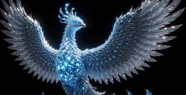 Crystal phoenix bird with blue glowing gems emerges from black void. Majestic mythical creature spreads wings, radiating light and magic. Fantasy animal inspires awe.