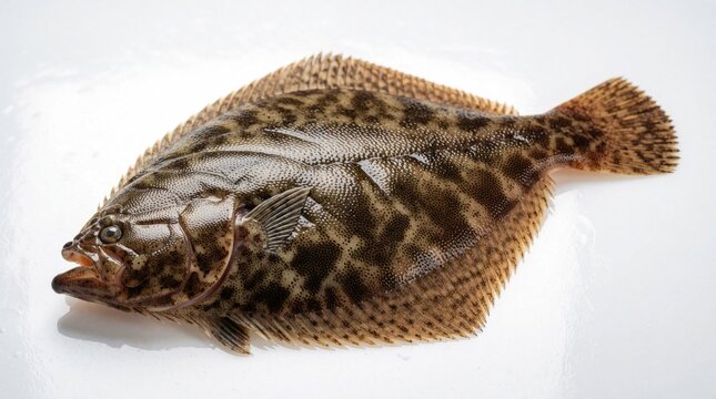 A flatfish with a mottled camouflage pattern lies on a white surface. This flat bottom dweller has a unique body shape. Its eyes are on one side of its head. The fish is ready for sale.
