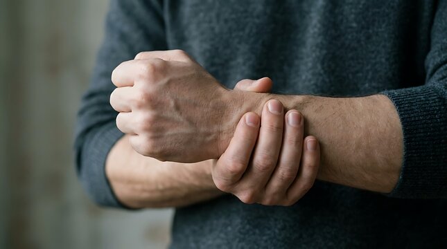 Close up of a man suffering from wrist pain while holding his hand, chronic wrist pain symptom of carpal tunnel syndrome, person feeling wrist pain and joint inflammation discomfort.