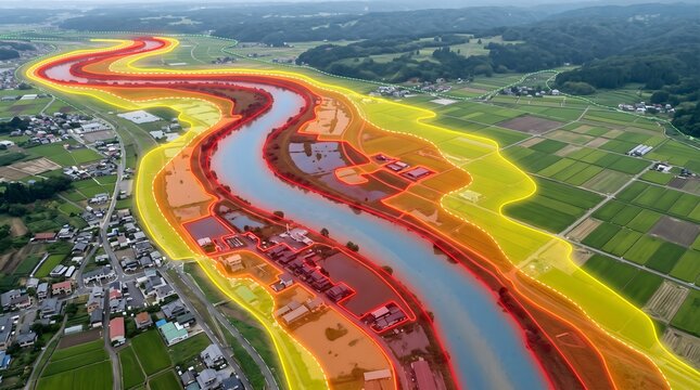 GIS flood risk simulation map showing river overflow hazard zones and disaster prevention analysis over rural landscape
