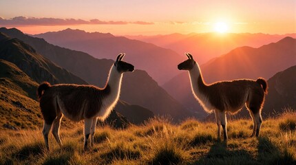 Naklejka premium Two llamas stand on a grassy hill at sunrise. Majestic Andean mountains stretch into the distance bathed in warm, golden light. The animals are silhouetted against the colorful sky.