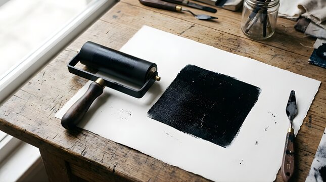 Black ink printmaking roller on paper with a square motif on wooden table