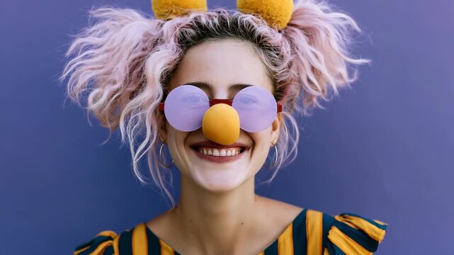 Young woman with pink pigtails, round purple sunglasses and yellow clown nose for colorful portrait background and social media banner