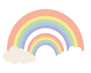 Fototapeta premium Pastel rainbow double arc sky illustration vector icon featuring soft pink, peach, yellow, green, blue, and purple bands above two fluffy cream clouds, perfect for cheerful nursery or weather themed
