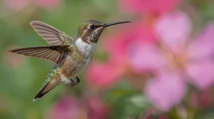 Naklejka premium Hummingbird hovering beside pink flower with sharp detail and natural motion