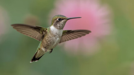 Naklejka premium Hummingbird hovering with spread wings near pink flower