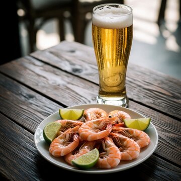 Plate of boiled shrimp with lime slices beside tall frothy beer glass on weathered wooden table. Fresh seafood meal accompanies amber ale at pub setting. Lime wedges flank crustacean heap near