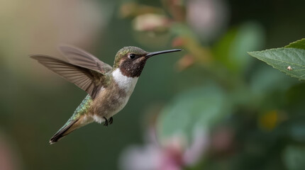 Fototapeta premium Hummingbird hovering in flight with spread wings and iridescent feathers