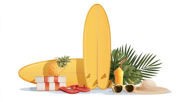 Yellow Surfboard with Beach Accessories Pineapple and Drink