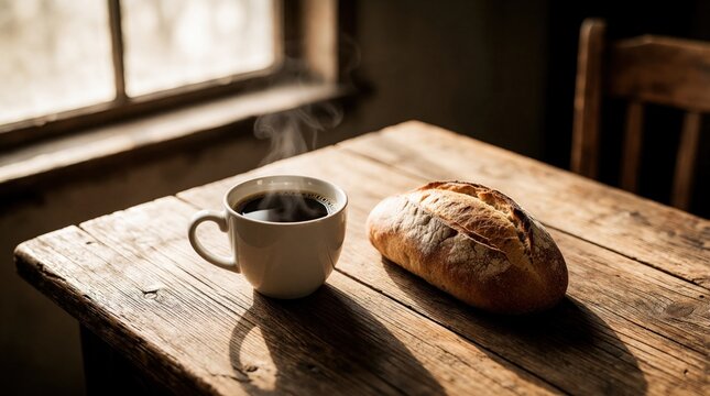 Steaming cup of black coffee beside crusty bread loaf on rustic wooden table by window. Morning light illuminates simple breakfast meal. Fresh baked pastry awaits enjoyment with hot beverage.
