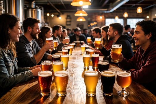 Group of diverse friends enjoy craft beer tasting at busy brewery. Young people sit at long wooden bar, drinking various lager, ale flights. Happy customers smile, chat, cheer together in modern