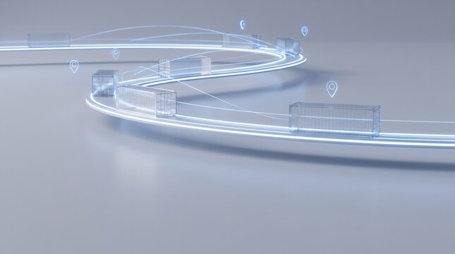 Abstract logistics supply chain concept, futuristic glass cargo containers on winding track, blue digital global distribution network, 3d render