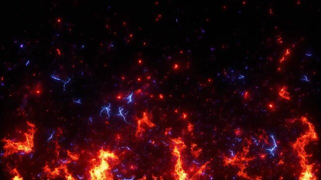 Seamless loop of abstract fiery flames with glowing red embers and electric blue sparks rising against a dark background. Perfect dynamic motion graphics video.