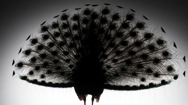 Black peacock tail feathers spread wide in a fan shape against a light gray background. Bird body is a dark silhouette. Detailed feather patterns visible with eye spots.