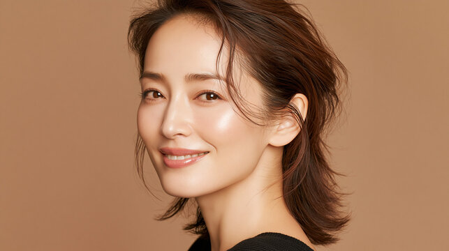 日本人, 女性, 50代, 40代, ミドル, シニア, 美容, スキンケア, エイジングケア, 健康, ライフスタイル, 美人, ナチュラル, 清潔感, 透明感, 白背景, コピースペース, 広告素材, 信頼感, 微笑み, ウェルビーイング, 上半身, 視線, ポニーテール, 化粧品, エステ, 自己肯定感, オーセンティック, ポジティブエイジング, 日本, ウェルエイジング, サプリメント,