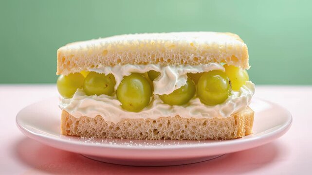 Sweet japanese fruit sandwich with grapes and whipped cream slowly rotating on a pastel background