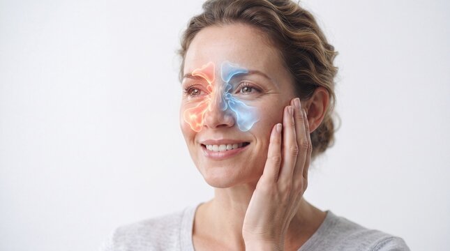 Woman with Sinus Anatomy Showing Healthy and Inflamed Sinuses