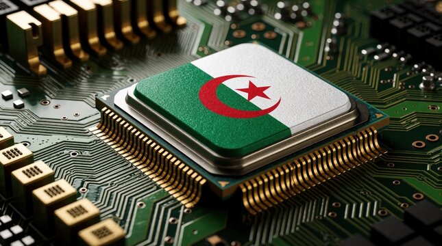 Algeria flag on computer processor chip, part of motherboard circuit board. Concept for nation electronics industry advancement, innovation, and global tech competition.