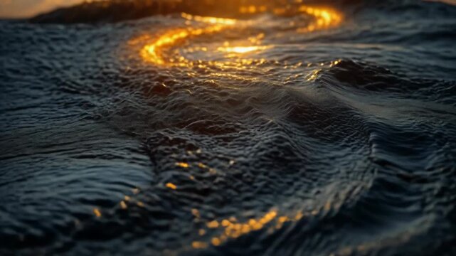 Dark ocean water ripples with a golden sun path reflecting on the surface during a beautiful sunrise