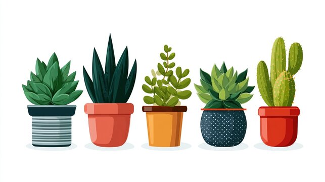 Collection of Five Potted Succulents and Cacti
