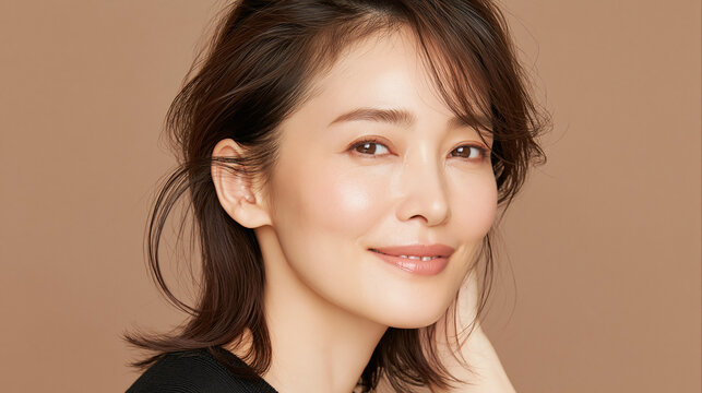 日本人, 女性, 50代, 40代, ミドル, シニア, 美容, スキンケア, エイジングケア, 健康, ライフスタイル, 美人, ナチュラル, 清潔感, 透明感, 白背景, コピースペース, 広告素材, 信頼感, 微笑み, ウェルビーイング, 上半身, 視線, ポニーテール, 化粧品, エステ, 自己肯定感, オーセンティック, ポジティブエイジング, 日本, ウェルエイジング, サプリメント,