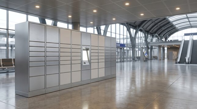 Modern automated parcel locker station inside bright public airport terminal