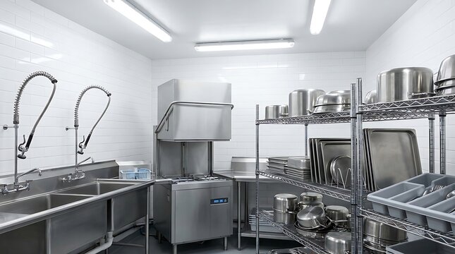 Clean commercial kitchen with stainless steel sinks, industrial dishwasher, and organized shelving of cooking equipment, highlighting efficiency and hygiene