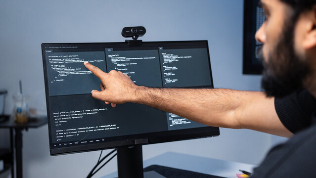 Software engineer check the dashboard information of coding systems and cybersecurity. Professional development verifying code writing with artificial intelligence. Data center programmer performance 