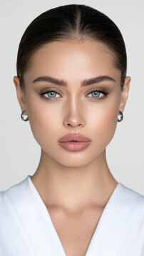 Woman oval face defined cheekbone blue eye smooth skin natural makeup straight eyebrow hoop earring white blouse studio portrait