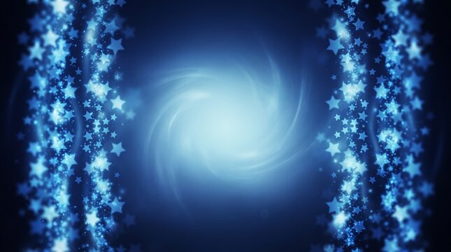 Abstract blue light trails converging towards a bright central point in darkness