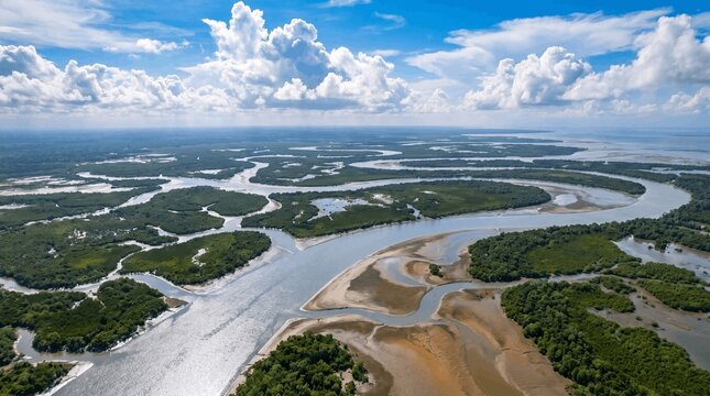 Aerial View of the Sundarbans Mangrove Forest Under Bright Noon Light and White Clouds