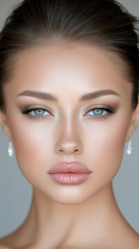 Woman oval face defined cheekbone blue eye smooth skin natural makeup beauty portrait young elegant