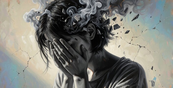 Person cries hiding face in hands head exploding with smoke and debris. Mental breakdown, psychological pain, distress, anxiety, depression, illness concept. Emotional struggle depicted.