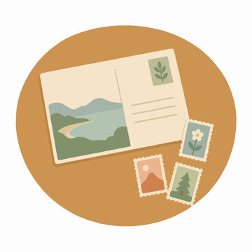 Hand-traced vector illustration of a vintage postcard showing a coastal mountain landscape with sandy beach, paired with a botanical stamp, all resting on a wooden table surface