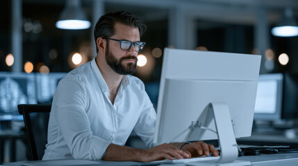 Obraz premium Male engineer working at computer in modern office, focused on supply chain management, technology, and data analysis at night