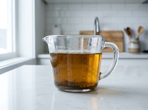 Clear glass measuring cup filled with brown liquid sitting on a modern kitchen counter in the morning. cooking oil waste