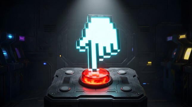 Glowing neon pixel cursor hovering above a glowing red activation button