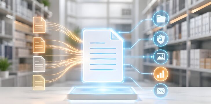 Digital archiving and data consolidation concept with glowing document holograms in bright modern library or archive room